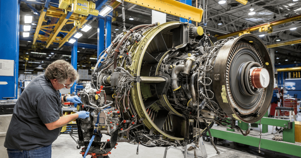 An engineer works on an engine at American Airlines Tulsa base.