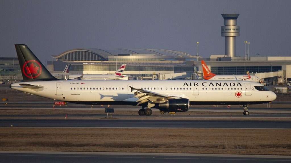 View of aircraft on Toronto Pearson airport taxiways.