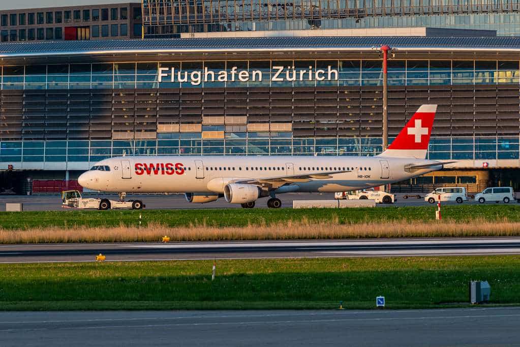 A SWISS jet taxis at Zurich Airport.