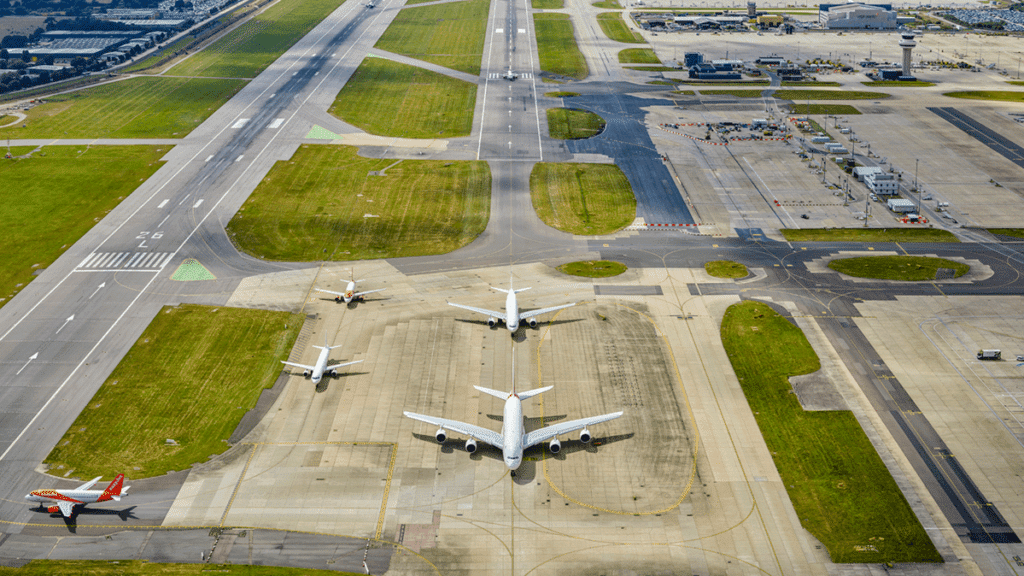 Aerial view of London Gatwick Airport runway.