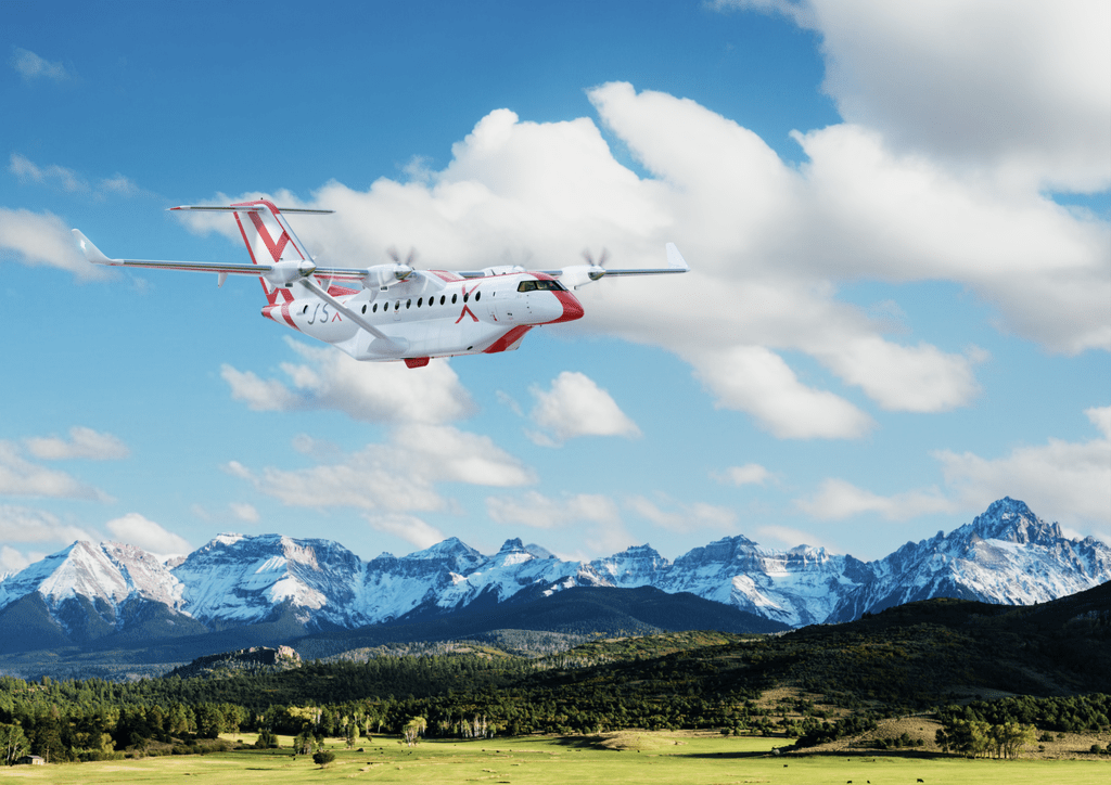 Render of a JSX Heart Aerospace ES-30 hybrid-electric aircraft in flight.