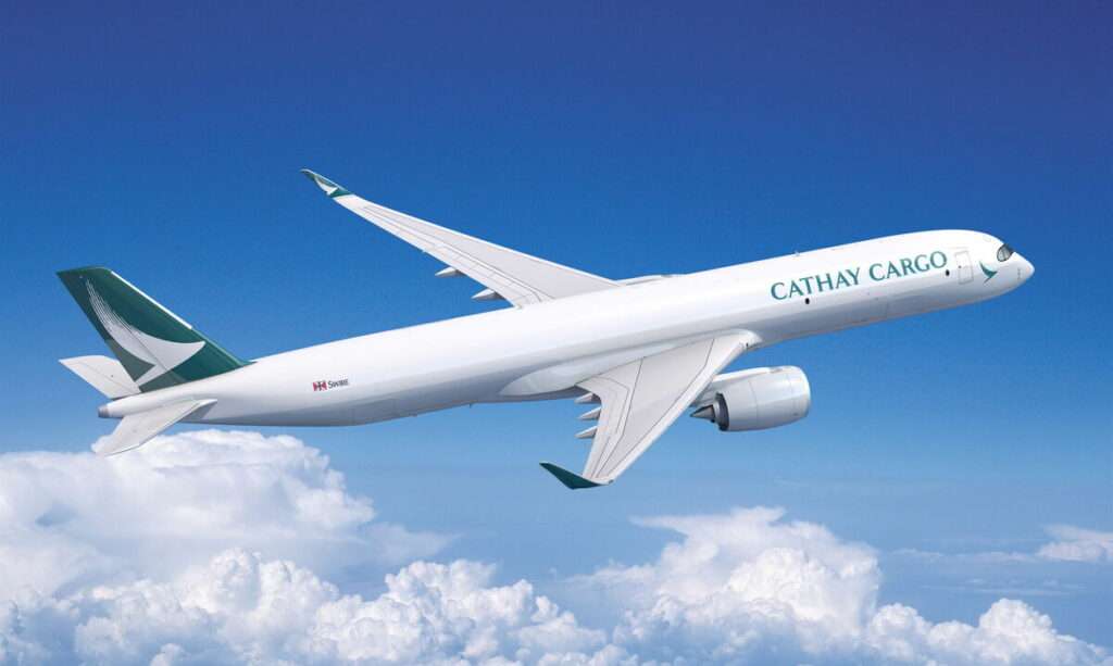 Render of a Cathay Cargo A350F freighter in flight.