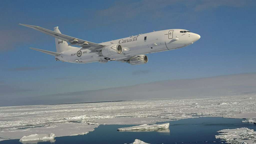A Canadian RCAF Boeing P-8A Poseidon aircraft in flight.
