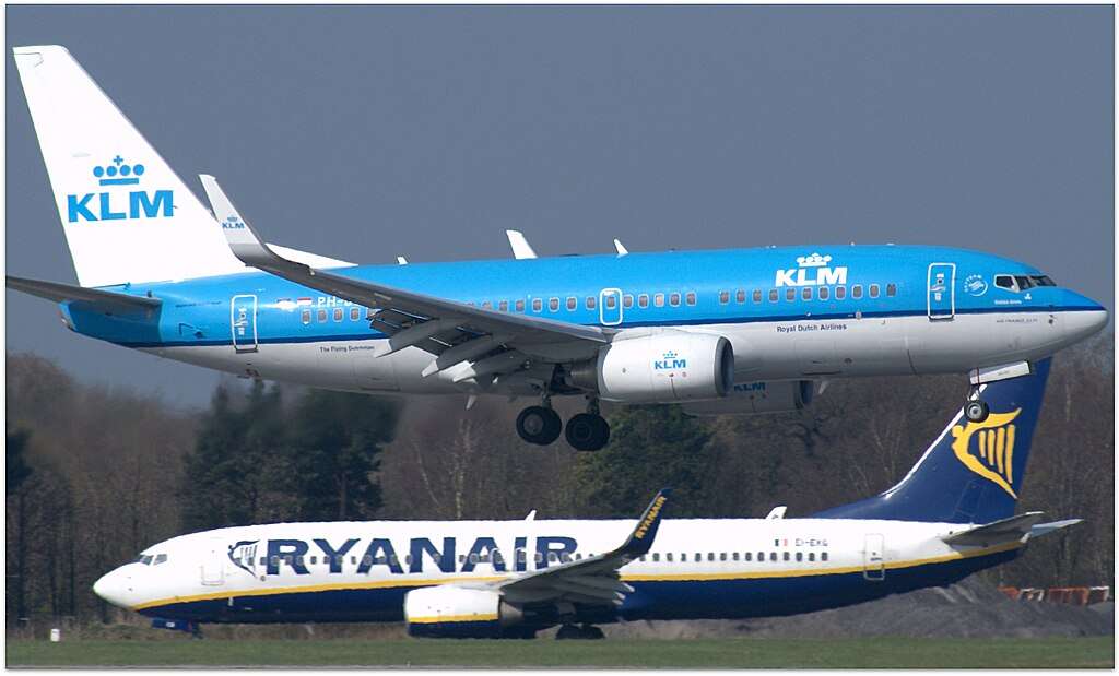 Ryanair and KLM aircraft at Manchester Airport.