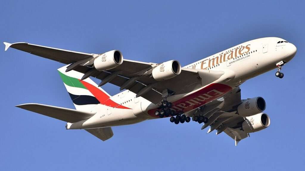 An Emirates A380 approaches to land.