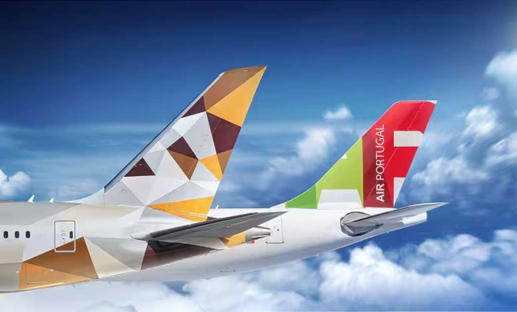 Render of TAP Air Portugal and Etihad Airways aircraft tailplanes.