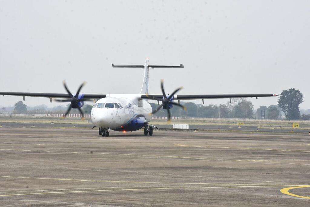 An IndiGo flight lands at Gondia airport.