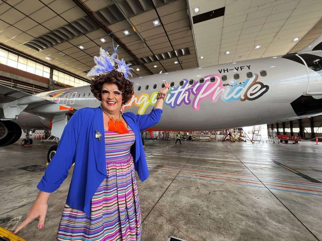 A Jetstar aircraft is unveiled in Pride livery ahead of Melbourne Midsumma festival event.