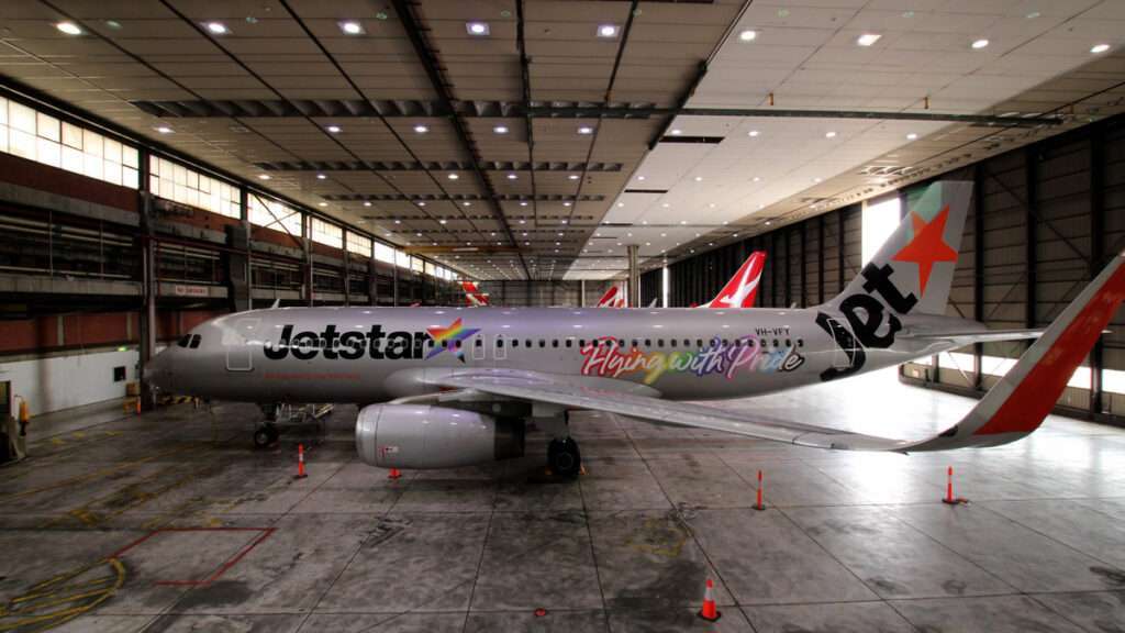 A Jetstar aircraft in new 'Flying with Pride' livery