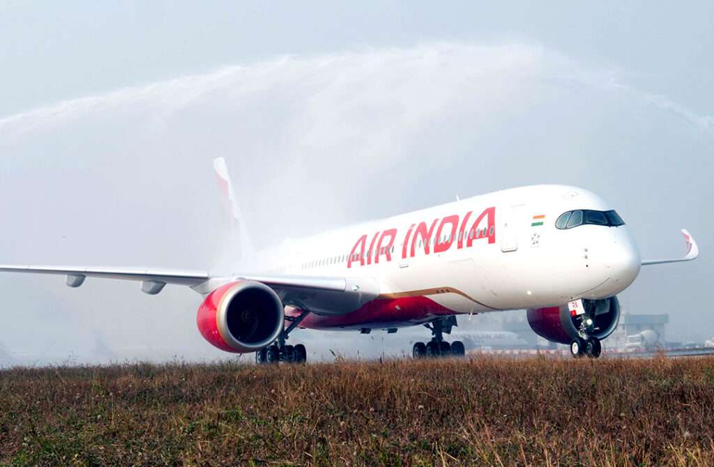 An Air India A350 gets a water cannon welcome.