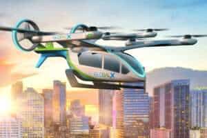 Render of a GlobalX eVTOL aircraft in Miami, South Florida