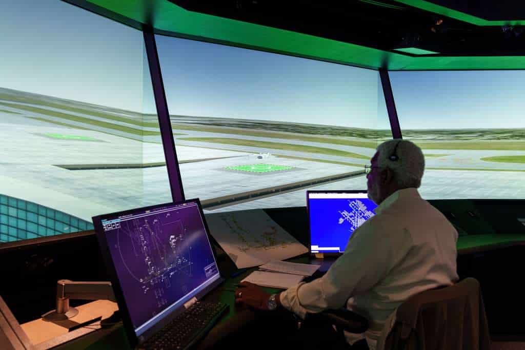 An operator in the NASA air traffic control simulator