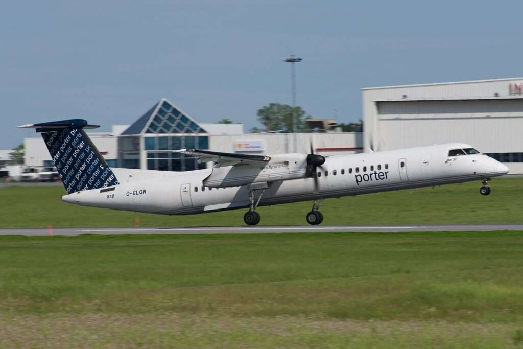A Porter Airlines Dah-8 takes off.
