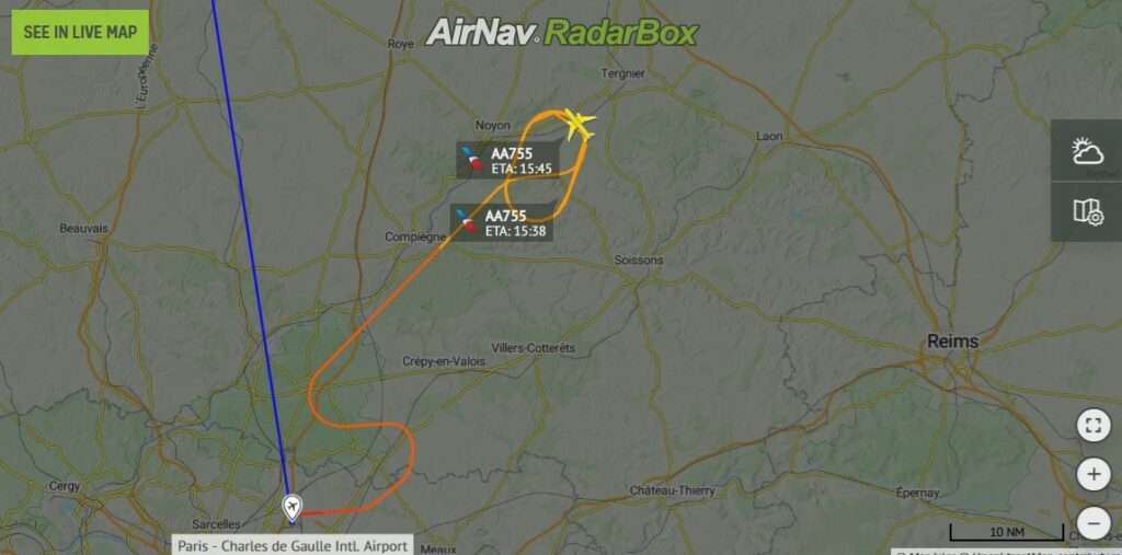 Flight track of American Airlines flight AA755 from Paris to Philadelphia.