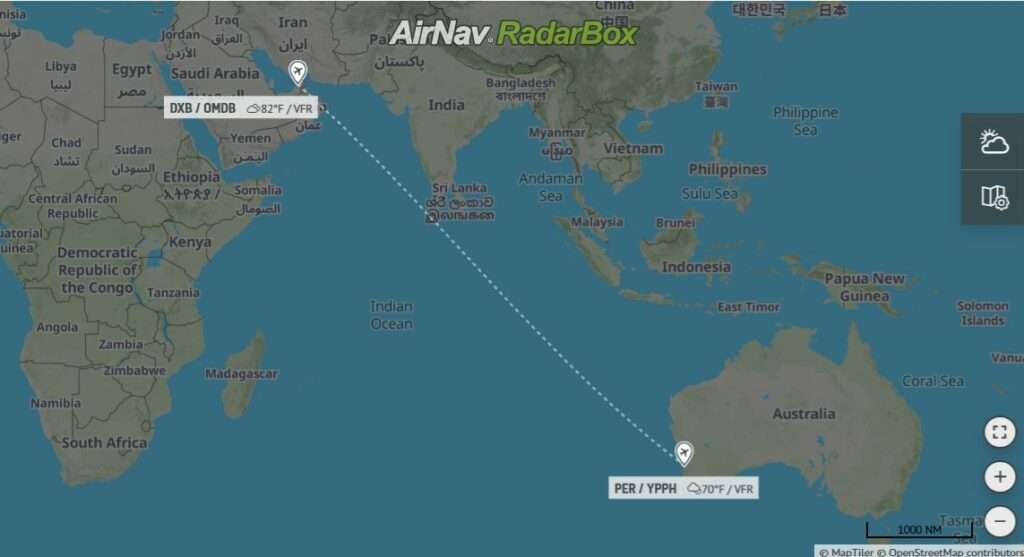 Flight track of Emirates flight EK421 from Perth to Dubai.