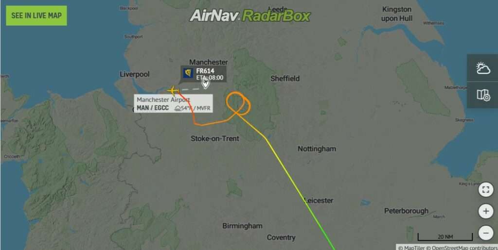 Flight plan track Ryanair FR614 from Brussels to Manchester showing diversion to Liverpool.