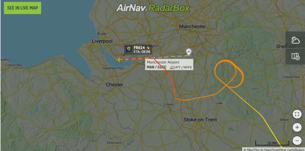 Flight plan track Ryanair FR614 from Brussels to Manchester showing diversion to Liverpool.