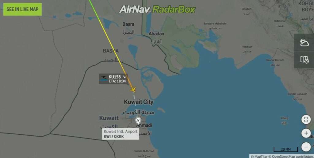 Flight path of KU158 from Istanbul to Kuwait.