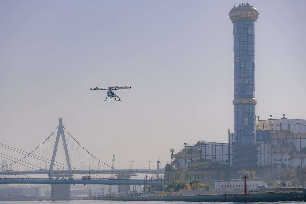 A Volocopter 2X takes off from Osaka Heliport.