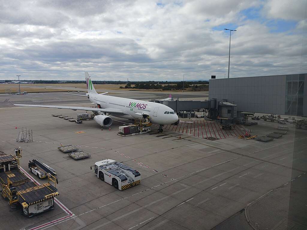 A Wamos Air A330 parked at Perth Airport.