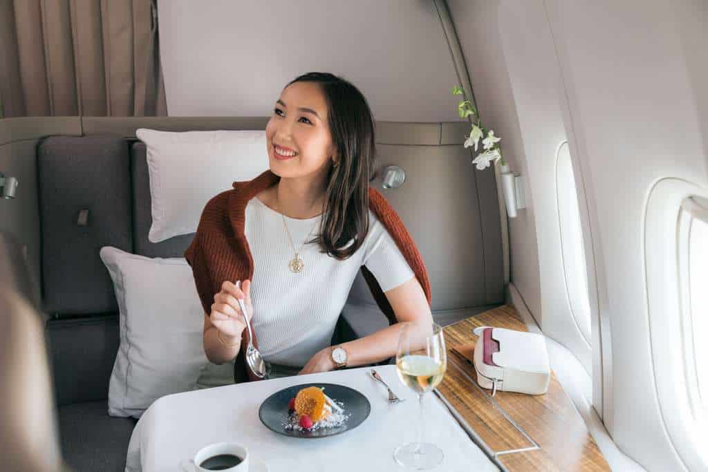 A Cathay Pacific passenger in First class.