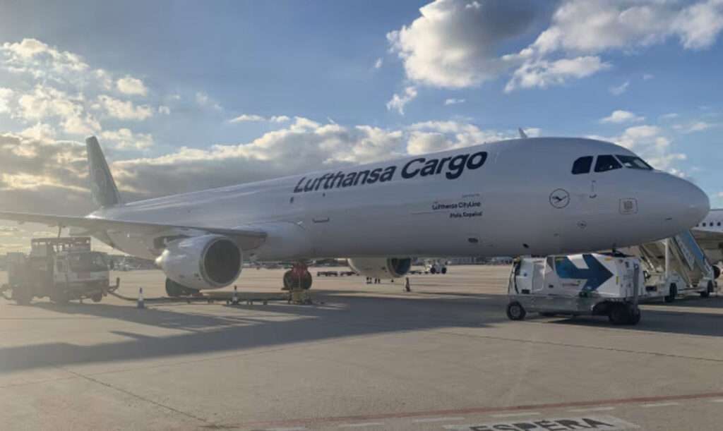 A Lufthansa Cargo A321 freighter on the tarmac.