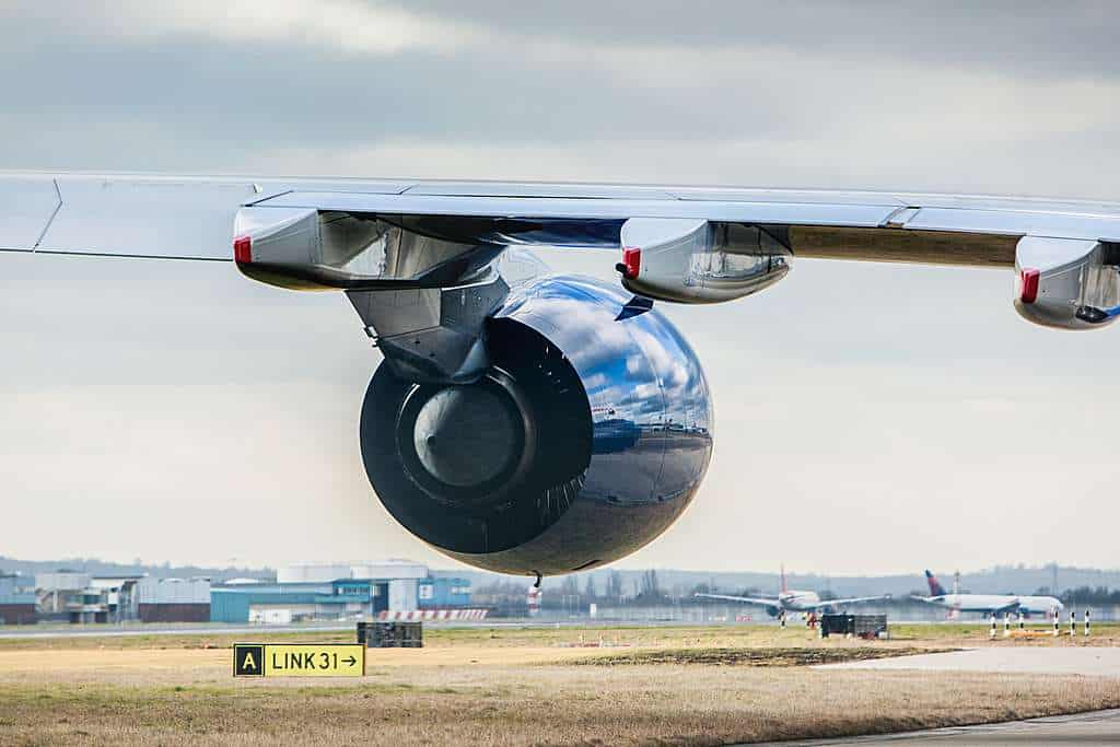 Close-up of a British Airways Airbus A380 engine at Heathrow Airport