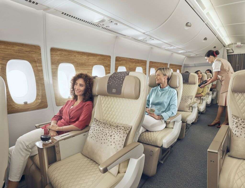 Interior of Premium Economy Emirates cabin.