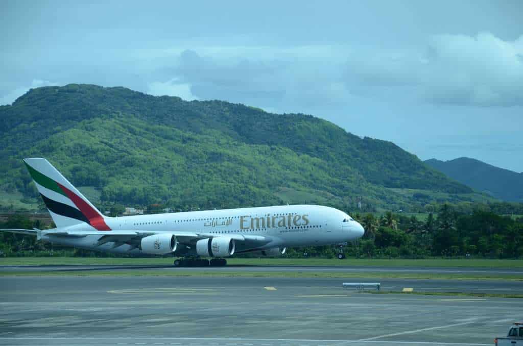 An Emirates A380 lands in Mauritius.