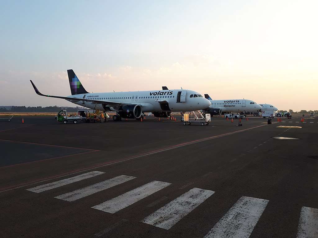 A line-up of Volaris aircraft at dawn.