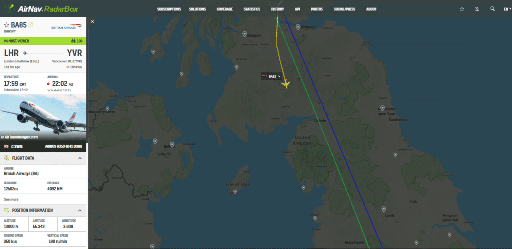 British Airways A350 London-Vancouver U-Turns over Scotland