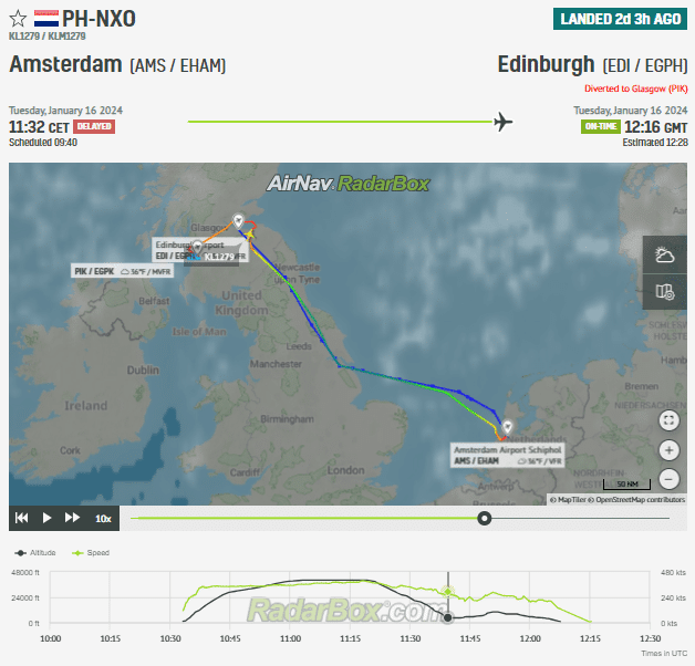 KLM Flight Amsterdam-Edinburgh Diverts to Glasgow Prestwick