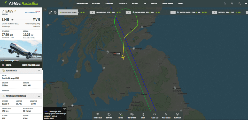 British Airways A350 London-Vancouver U-Turns over Scotland