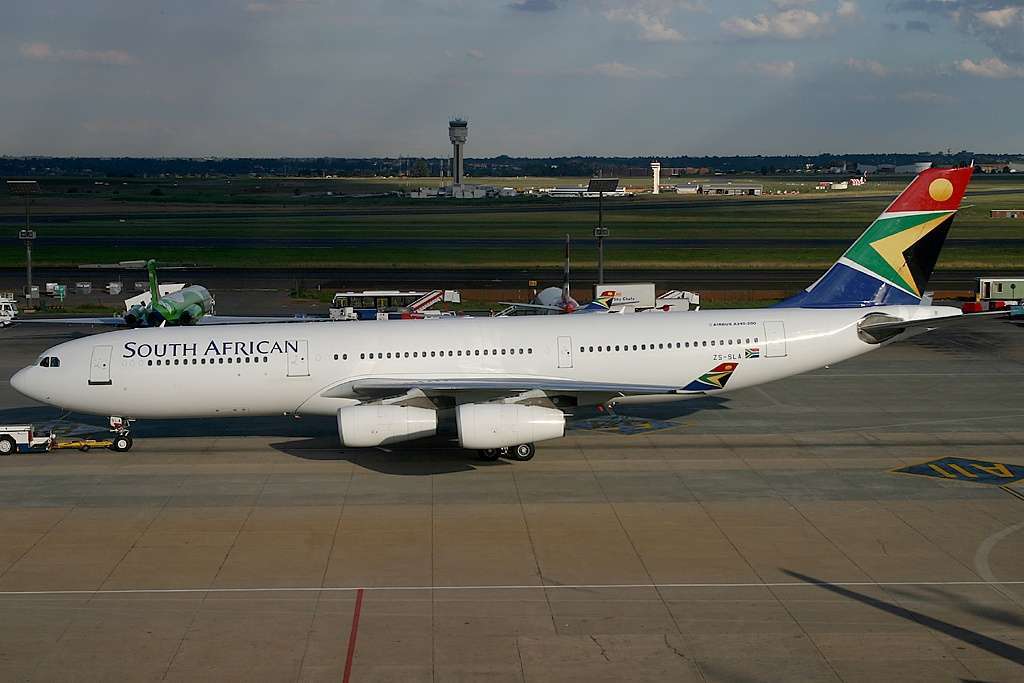 A South African Airways A340 on the tarmac.