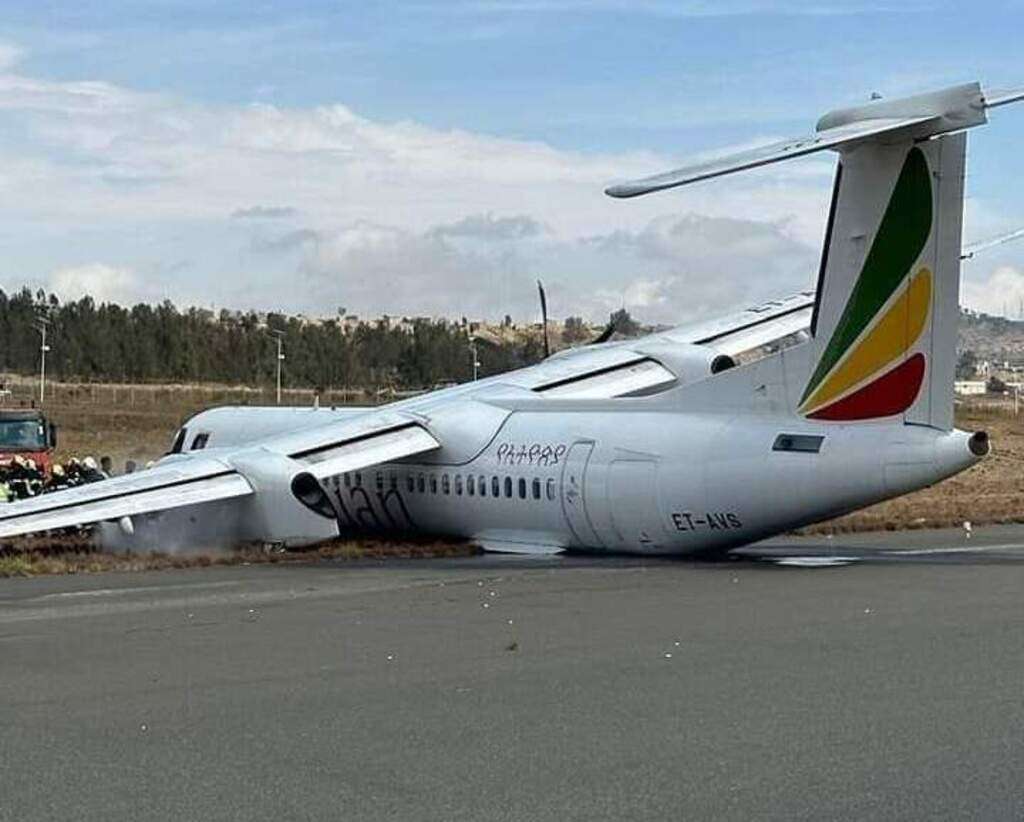 A damaged Ethiopian Airlines Dash 8 at Mekele Airport