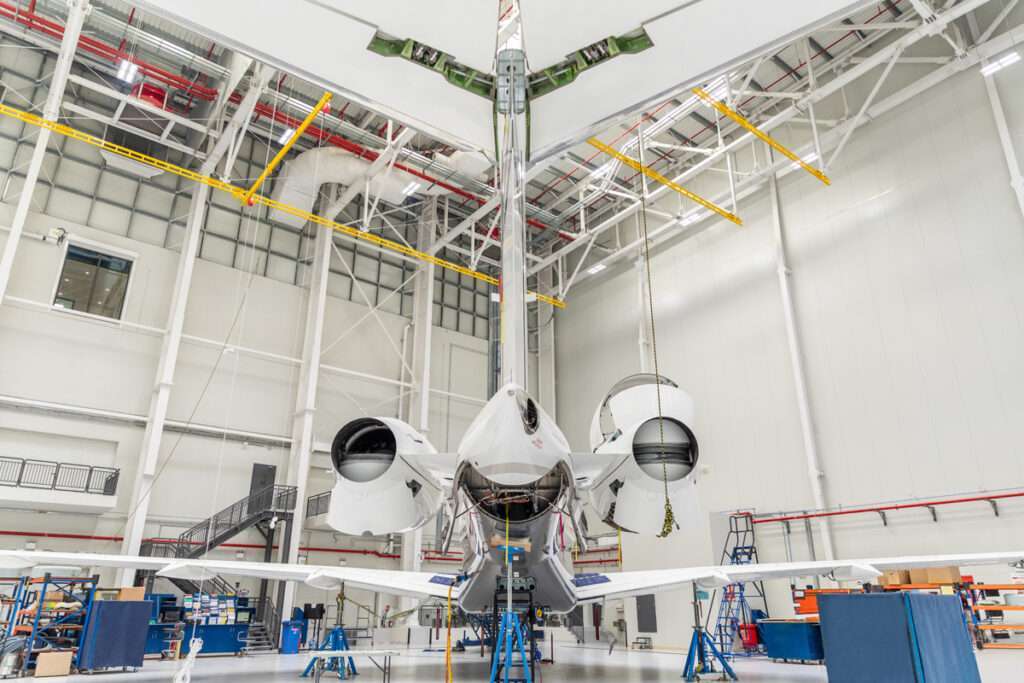 A Global 6000 jet in maintenance at ExecuJet MRO Services hangar.