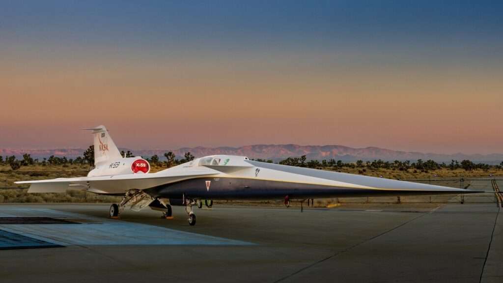 A Lockheed Martin X-59 supersonic test aircraft