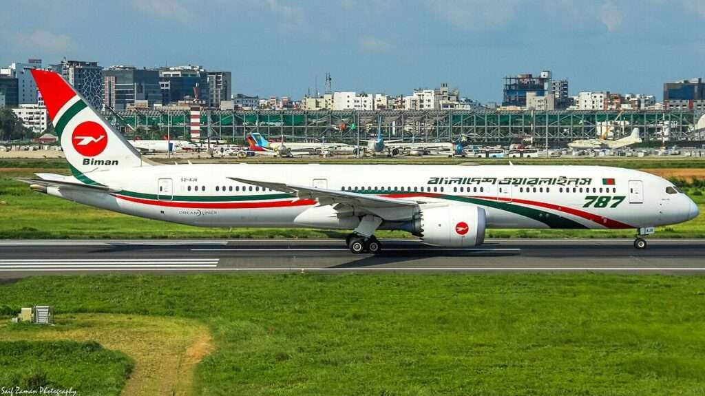 A Biman Bangladesh 787 lines up on the runway.