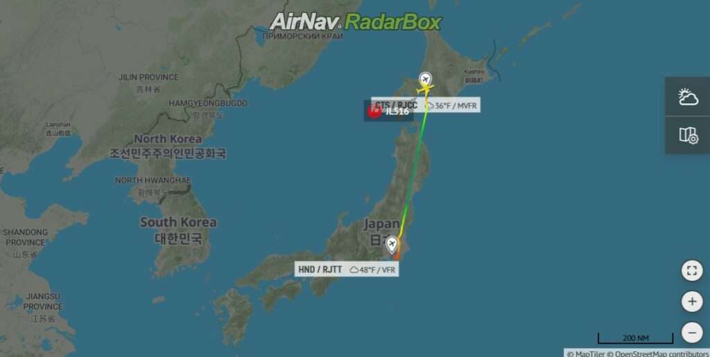 Flight track of Japan Airlines JAL516 to Tokyo Haneda.