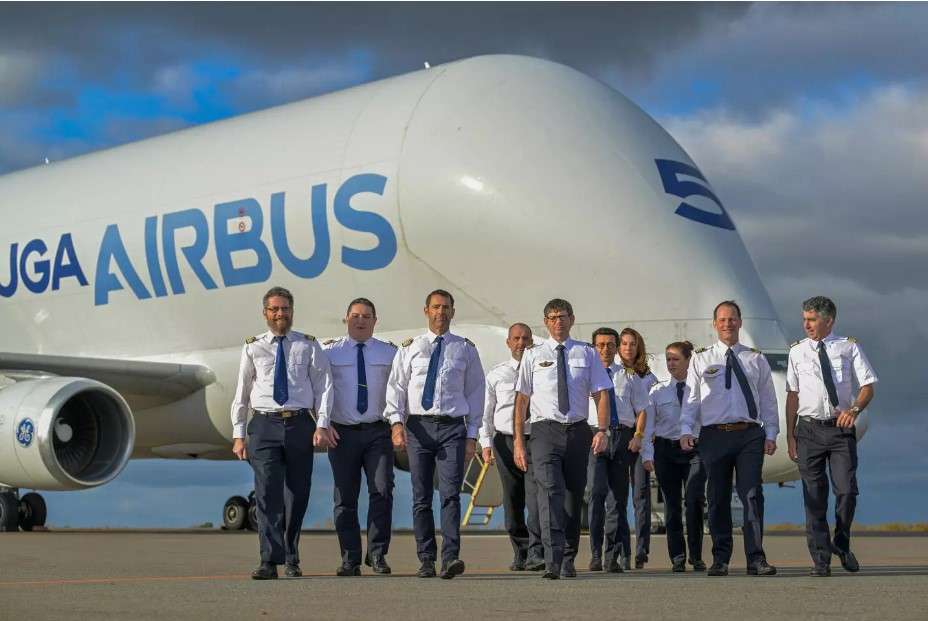 Flight crew of Airbus Beluga Transport with aircraft in background.