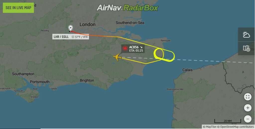 Flight track of AC856 London to Mumbai, showing return to London.