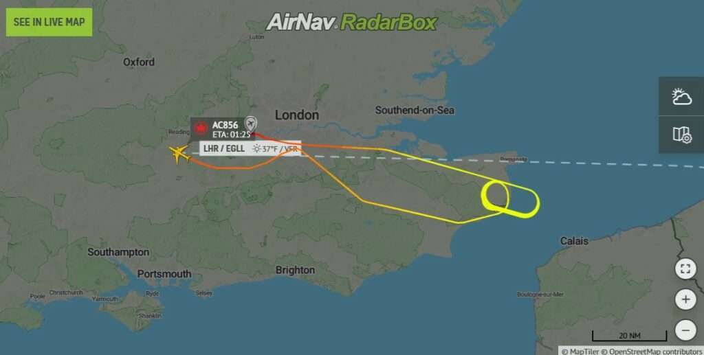 Flight track of AC856 London to Mumbai, showing return to London.