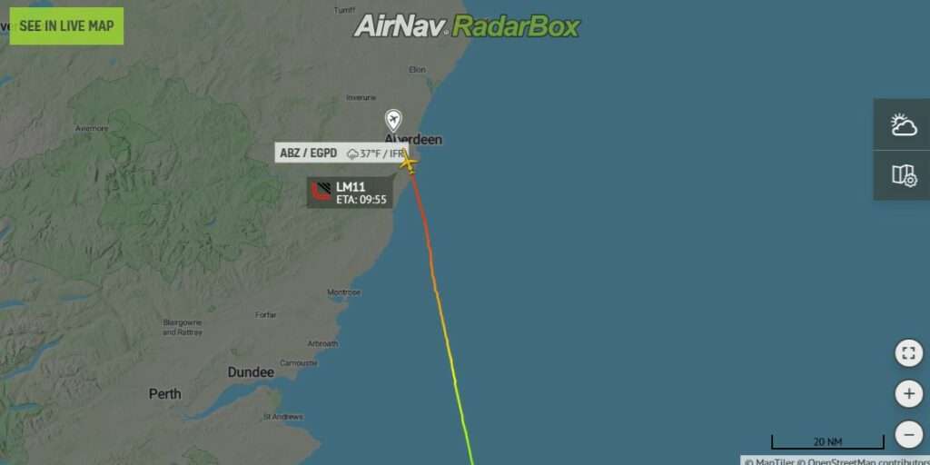 Flight track of Loganair LM11 from Norwich to Aberdeen.