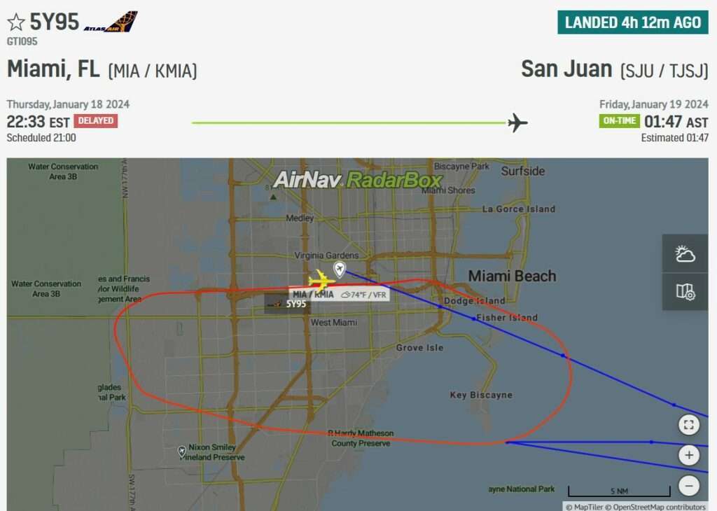 Flight track of Atlas Air flight 5Y95 after suffering engine fire at Miami.