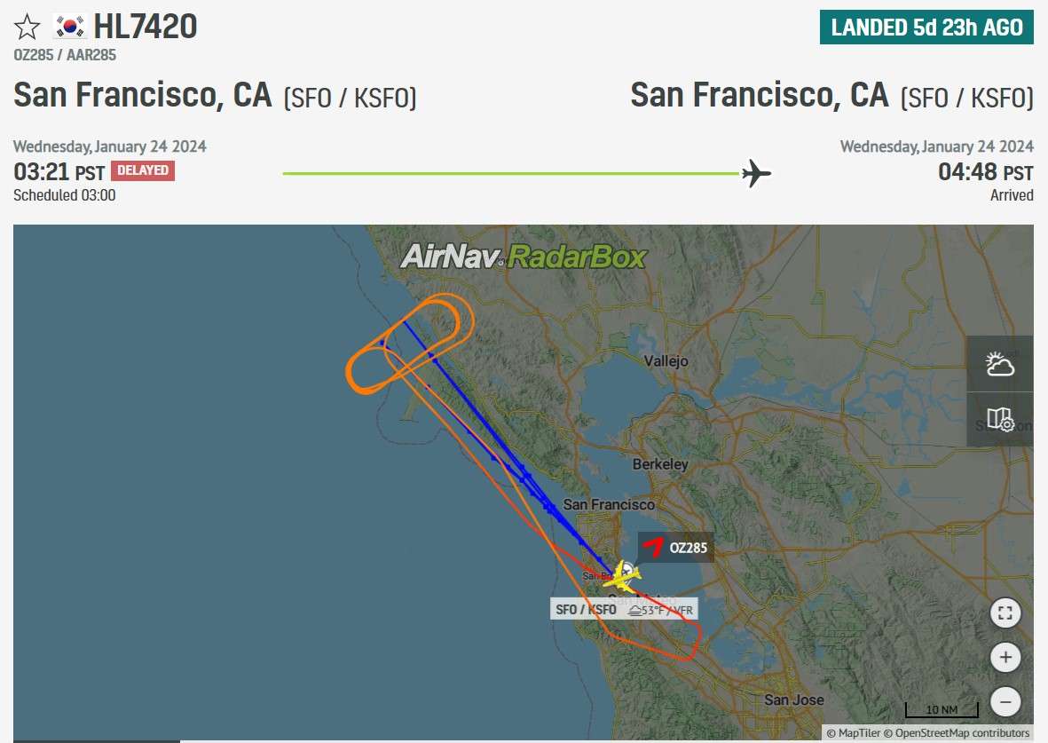 Asiana 747 freighter returns to San Francisco with engine problem