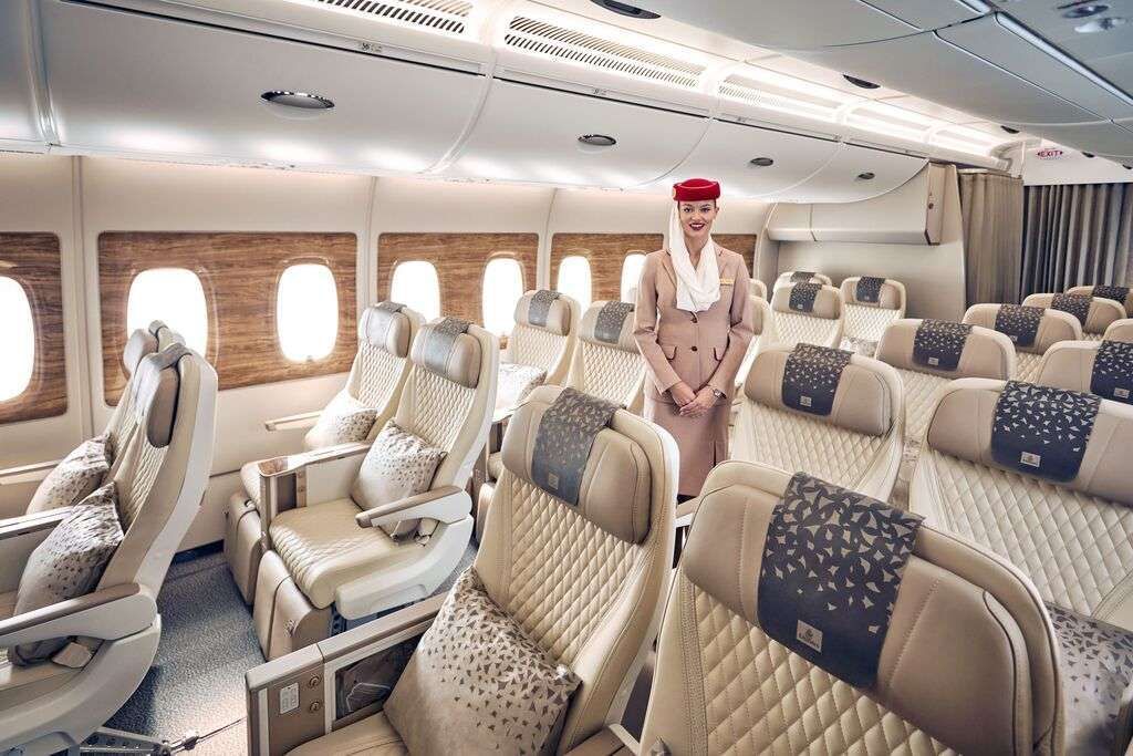 Interior of Emirates Premium Economy cabin.