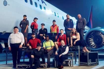 Delta Air Lines staff members stand alongside a jet.