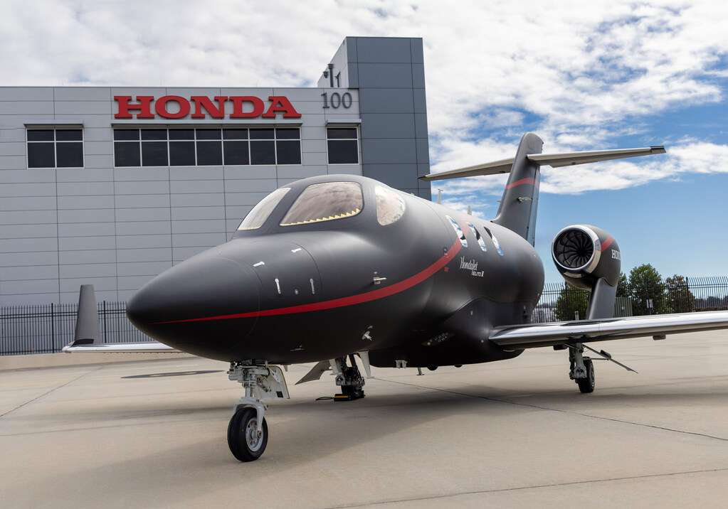 A HondaJet aircraft parked outside the factory