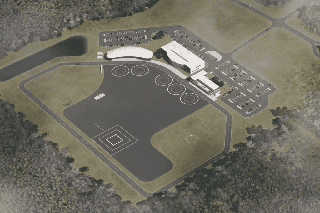Aerial render of future Orlando International Airport vertiport facility.