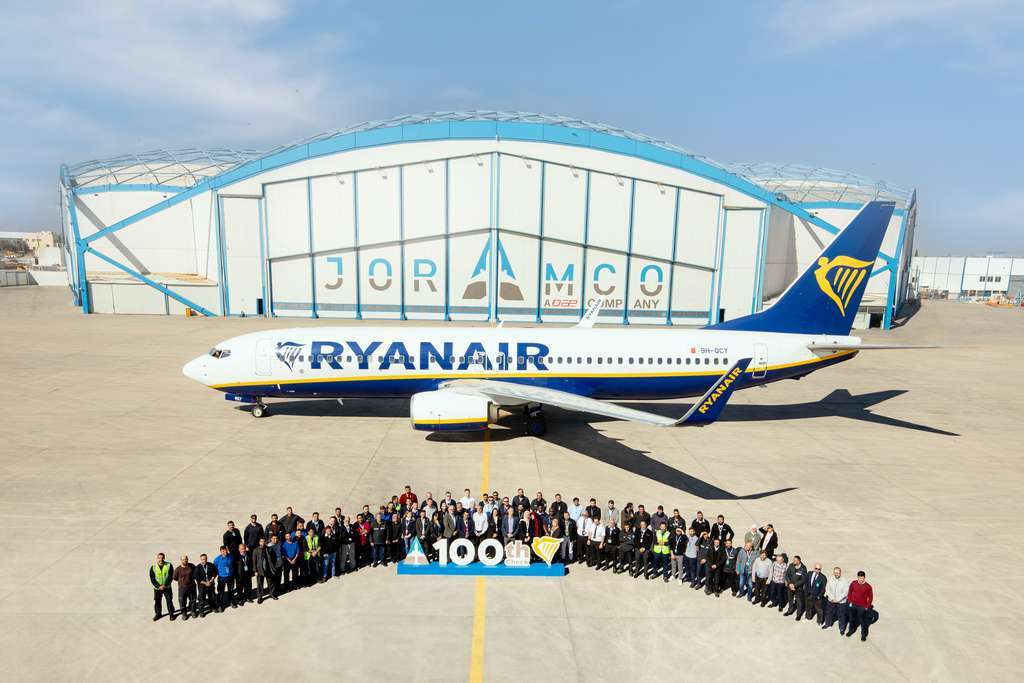 A Ryanair aircraft parked in front of the Joramco hangaer in Amman, Jordan.